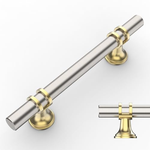 Amerdeco 10 Stück Möbelgriffe Nickel-Gold, 96mm Lochabstand, Schrankgriffe, Küchengriffe, Schubladengriffe für Küchenschränke und Kleiderschränke UK0002
