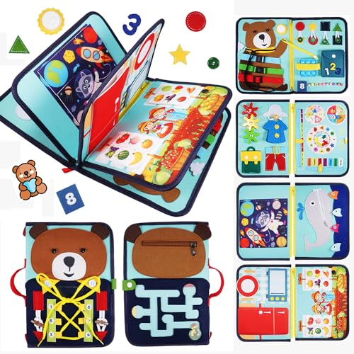HappyKidsClub Bär-Thema Busy Board ab 1-4 Jahre, Montessori Motorikspielzeug Flugzeug Spielzeug, Weihnachts Geschenk Ideen (5 Seiten)