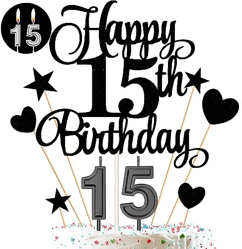 15th Birthday Cake Decorations Set Include 15th Birthday Candles Numeral 15 Cake Candles and Happy 15th Birthday Cake Toppers with Heart Star Cupcake Picks for Birthday Party (Black Series)