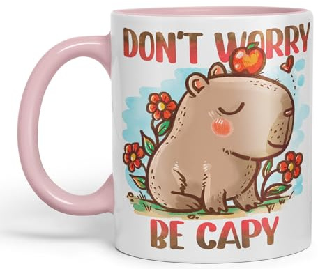 Vixar Capybara Don't Worry Be Capy Kawaii skämt färgad keramisk mugg kopp gåva 330 ml 325 ml arbete kontor te kaffe (rosa)