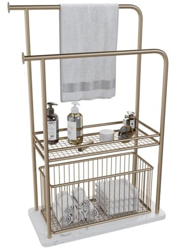 Porte-Serviettes de Salle de Bain sur Pied Porte-serviettes Autoportant Avec Panier À Linge Porte-serviettes En Métal À 2 Niveaux Avec Étagère De Rangement Base En Marbre échelle Porte Serviette ( Col