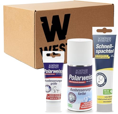 W West Boxx Set aus Schnellspachtel 100ml, Polarweiss Farbe 50ml und Polarweiss Spray 150ml, Ausbesserungsfarbe Weiß