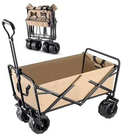 NRNQMTFZ Gartenwagen Transportwagen, Faltbar, bis 150 kg Tragkraft Transportwagen, Sports-Beach Wagon,Gartenanhänger, Draussen Camping Einkaufen Handwagen(Khaki)