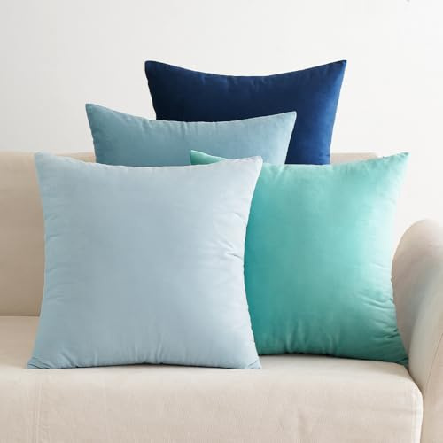EMEMA Samt Kissenbezug 45x45 cm Kissenhülle Kopfkissenbezug Dekorative Dekokissen Couchkissen 4er Set Deko Bezug Sofakissenbezug für Wohnzimmer Schlafzimmer Büro Blau Serie