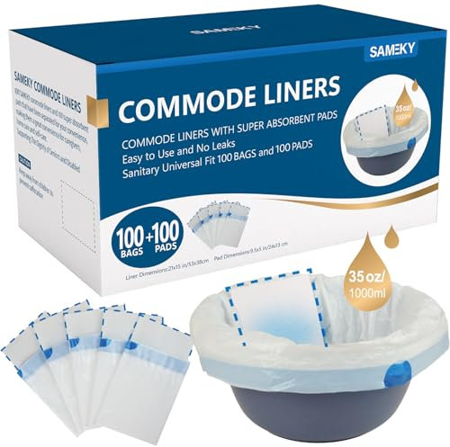 Sameky Commode Liners with Absorbent Pads | Value Pack 100 Count Universal Fit | Bedside Commode Liners Disposable and Pads for Adult Commode Chairs(100Bags + 100Pads)