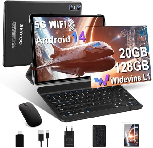 Tablet 10 Pollici Android 14 con Widevine L1, 20 GB RAM + 128 GB ROM(Espandibile Fino a 1 TB), Octa-Core, 5G Wi-Fi 6, 8MP + 5MP, 6000mAh, USB-C Tablet con Tastiera + Mouse + Custodia,Nero carbone