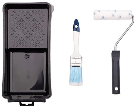 MIVOS Set di verniciatura per idropitture - 4 pezzi - Rullo di verniciatura 10cm - Pennello in nylon - Vaschetta per verniciatura 28x16cm - Staffa a innesto 27cm - Set di verniciatura - MADE IN EU