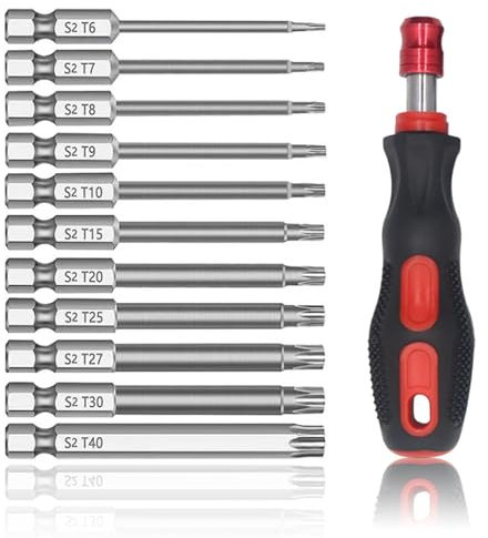 Torx Bit Set, 100mm Torx Screwdriver Bit Sets 11pcs T6-T40 Security Torx Bit Set with Magnetic Screwdriver Handle 1/4 Inch S2 Steel Star Magnetic Screwdrivers Drill Bits Tool