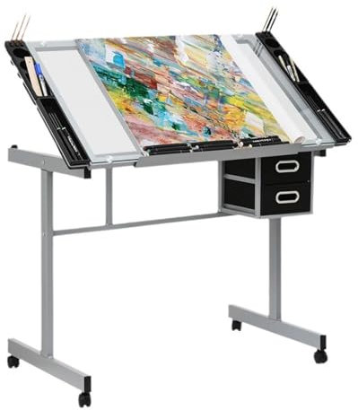 Zeichentisch, Kunstschreibtisch, Verstellbarer Zeichentisch mit Glastischplatte, Architektentisch, 2 Schubladen und Rollen für das Home-Office