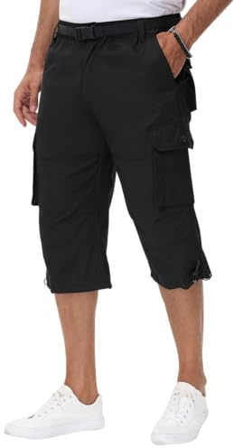 NANAMEEI Herren 3/4 Outdoor Hose Leicht Sommer Bermuda Cargo Kurz Hose Dreiviertel Hosen,Schwarz,M