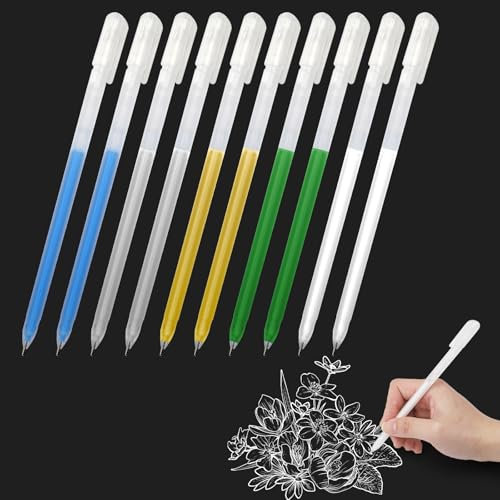 UOCAI 10 Stück 0,7mm Grün Blau Silber Gold Weißer Gelstift,Acrylstifte Marker Stifte,White Gel Pen für Schwarzes Papier,Gelstift Set,Wasserfest Weiß Gelschreiber