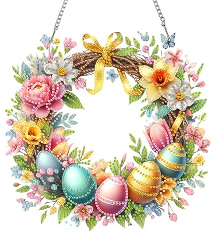 Diamond Painting Ostern Kits, Anhänger Ostern Kranz Set, Hängende Osterei Bastelset Ostern Erwachsene 5D Frühling Diamond Painting Fensterbilder Ornamente Diamant Malerei für Ostern Frühling Deko