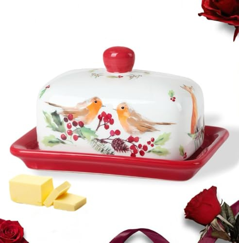 Geschenke für Mama, Kleine Butterdose, 125g, Keramik Butterdose mit Deckel, handbemalte Vögel, Vintage, passt in die Kühlschranktüre, spülmaschinenfest, rot, bunte,17*12*11cm
