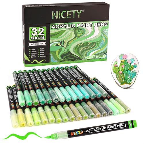 NICETY 32 Acrylstifte für Steine Wasserfest - Pinselspitze Acrylmarker für Holz, Stoff, Leinwand, Glas, 1-6mm Multimarker acrylic Marker pens Set (Grün)