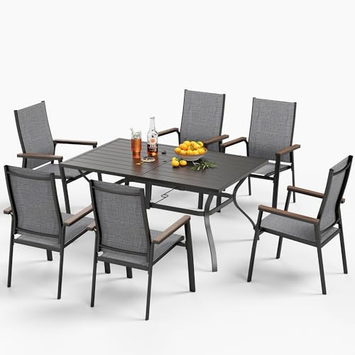 MFSTUDIO Gartenmöbel Set, Terassenmöbel Außen | Bestehend aus Tisch und 4 Stühlen, Rostfreies Metall, Stapelbare Stühle, 152 x 96 x 71 cm, Sonnenschirmöffnung 4–5 cm