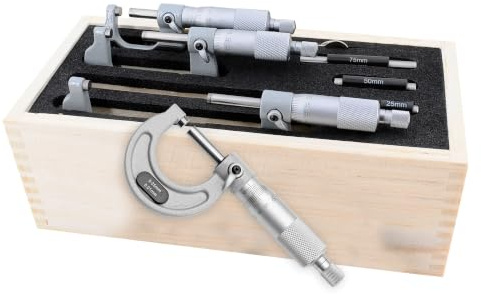 Präzisa Bügelmessschrauben-Satz analog 100-200 mm, 0,01 mm, DIN 863 | Analoge Skala, Hartmetall-Messflächen, Spindel Ø 6,5 mm, Gefühlsratsche, inkl. Etui und Einstellmaße
