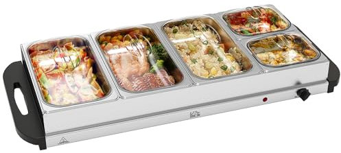 HOMCOM Electric Food Warmer 5 Tray, 9.2L Portable Buffet Server and Warming Tray with Lids, Adjustable Temperature Control and Cool Touch Handles, 450W, 3 x 2.4L and 2 x 1L, Silver Tone