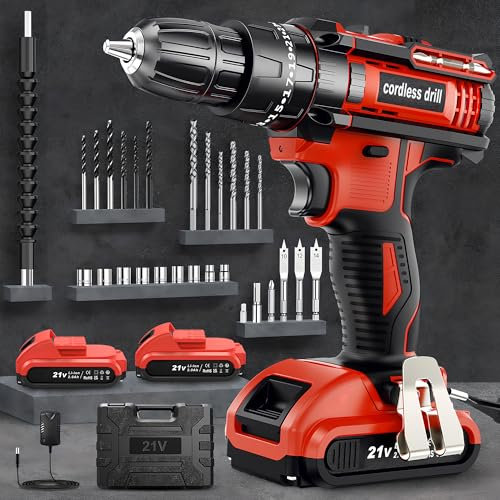 Cordless Drill, 21V Power Drill with 2 Batteries 2000mAh, 42N.m Max, 25+3 Torque Hammer Drills, 30pcs Drills Set, 2 Speed for Home and Garden DIY Project