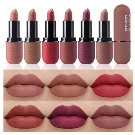 Katiluxiya 6Pcs Red Velvet Matte Lipstick Set, High Pigmented Long-Lasting Waterproof Lip Stick Lip,Moisturizing balms, Sheer tint, Shine & Glowy Finish,Stain Makeup Gift Sets. (01, color)
