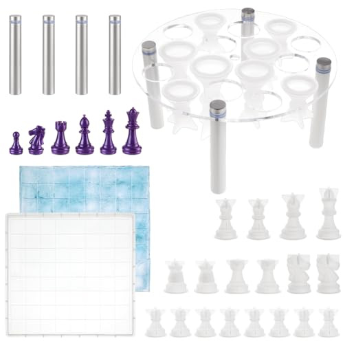 BENECREAT Kit de bricolaje de ajedrez con 1 soporte redondo para figuras de ajedrez, 1 molde de tablero de ajedrez y 16 moldes de silicona para piezas de ajedrez para juegos de mesa en reuniones