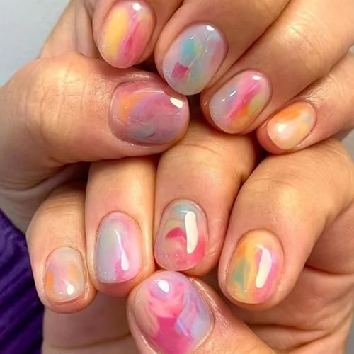 Ceboic 24Pcs Kurz Nägel Zum Aufkleben, Oval Glänzend Bunte Falsche Nägel, French Tip Press on Nails, Full Cover Kunstnägel Almond Fingernägel Fake Nails für Frauen Mädchen DIY Maniküre
