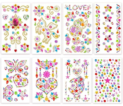 Barlone Glitzersteine Selbstklebend, 8 Blätter Strasssteine Selbstklebend, Acryl Glitzersteine zum Basteln, Glitzer Sticker für Gesicht, Körper, Nägel und Handwerke, Fotorahmen, Grußkarten