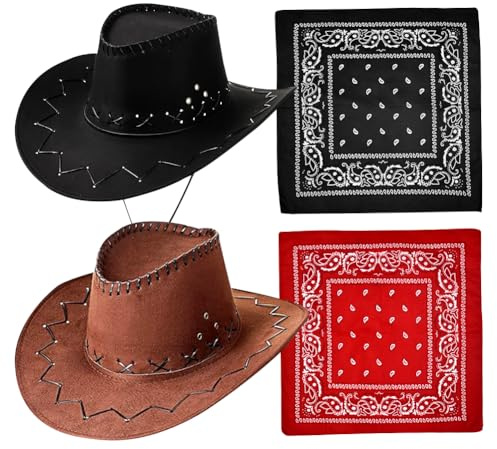 WFKKMEQ Cappello da Cowboy Set, 4PCS Accessori per Costumi da Cowboy con Bandana Cappello da Cowgirl Occidentale Accessori per Halloween Carnevale Feste(Nero e Marrone)