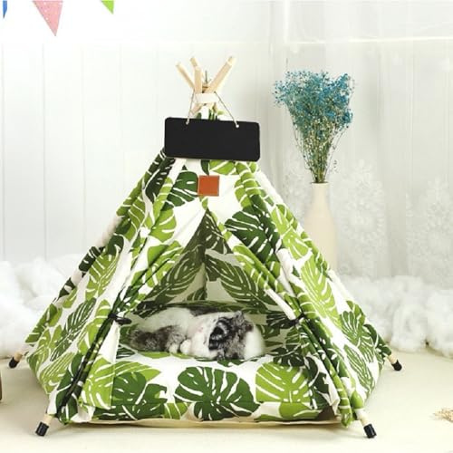 Cat Teepee Tent Bed,Outdoor Indoor Dog House,Portable Washable Pet Tent for Small Dogs with Cushion,Inside Pet Teepee for Small Medium Animals (Green&White, M)