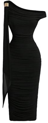 SweatyRocks Damen Shulterfreies Kleid Elegant Bodycon Midikleid Asymmetrischem Ausschnitt Kleider Figurbetonte Partykleid Bleistiftkleid Schwarz M