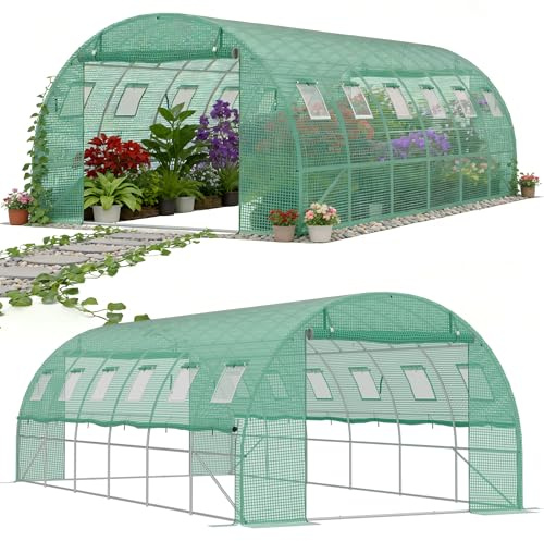 QEENTOE 3x6m Foliengewächshaus Gartengewächshäuser aus verzinktem Stahl PE Gewächshaus mit Aufrollbare Fenster Tomatenhaus Winterfest Folientunnel Pflanzenzelt Folien Treibhaus inkl. Erdanker
