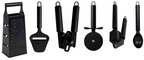 Cookinglife Kitchen Utensil Set Black - 6-piece - Tower Grater, Garlic Press, can Opener, Pizza Cutter, Cheese Slicer & ice Cream Scoop
