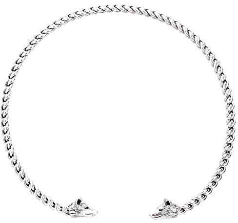 Windalf Damen Torques Halsreif aus 925 Sterling Silber – Wolfkopf Halsring offen – Nordischer Schmuck für Frauen