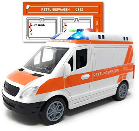 Toi-Toys Krankenwagen Spielzeug mit Licht und Sound - Deutscher Rettungswagen mit Sirene und Blaulicht | RTW mit Friktionsantrieb und Aufkleber | Spielzeugauto für Kinder