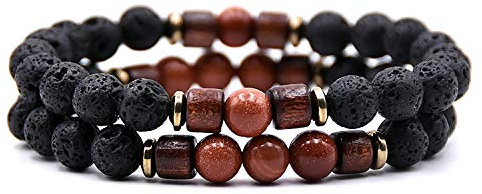 Leuchtbox Stylisches Glücks-Armband Kettchen für Männer und Frauen Unisex Natur Lavastein Vulkanstein Naturstein Holz-Perlen Elastisches Band 2er Set Braun