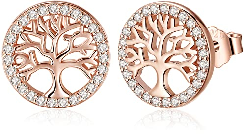 Jrêveinfini Lebensbaum Ohrringe Rosegold Silber 925 Stecker, Modeschmuck Ohrstecker Damen, Hypoallergene Nickelfreie Ohrringe Damen Weihnachten Geschenke für Frauen Mama Zum Muttertag