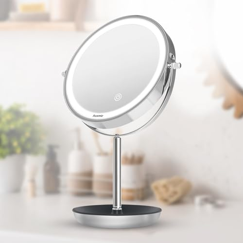 Auxmir Wiederaufladbar Kosmetikspiegel mit LED Beleuchtung und 1X/20X Vergrößerung, 8 Schminkspiegel mit Licht, 3 Lichtfarben Dimmbar und 360° Schwenkbar, Doppelseitiger Spiegel für Zuhause