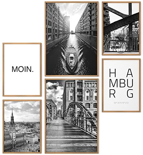 Papierschmiede® Mood Poster Set Hamburg, Fertiges Bilder Set mit Rahmen (Holz, Natur), Wohnzimmer Deko Schlafzimmer, 2x DIN A4 und 4x DIN A5, Hafen Hauptstadt des Nordens schwarz-weiß