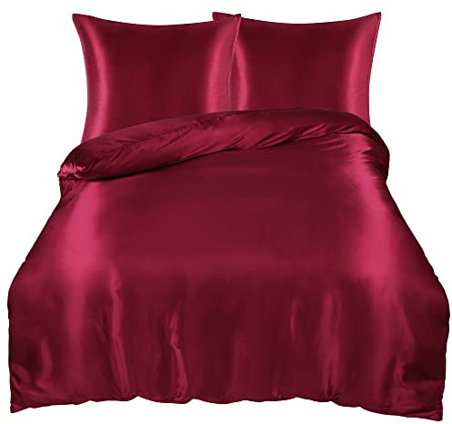 PICCOCASA Juego de Funda de Edredón de Satén 3 Piezas, Microfibra, Juego de Ropa de Cama con Cremallera Oculta, Borgoña (Funda de Nórdica 155x220cm + 2 Fundas de Almohada 80x80cm)