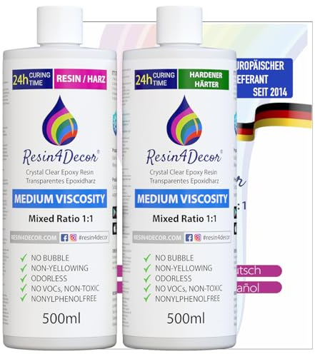 Epoxidharz set RESIN4DECOR 1:1 Gießharz Epoxy Resin Klebstoff für Kunsthandwerk Schmuck Formenbau Gusskristallklarer Vergilbungsfrei Ungiftig Hochglanzfinish 24 St Aushärtungszeit Geruchlos 1000ml
