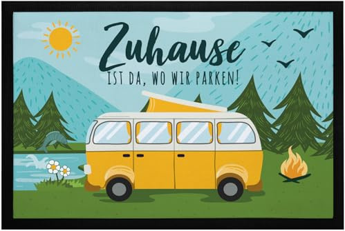 SpecialMe® Fußmatte mit Spruch Zuhause ist da wo wir parken Campinbus Camping Urlaub Zubehör Gagdet rutschfest & waschbar Schwarz 60x40cm