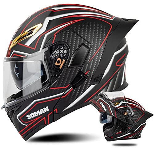 Motorradhelm Modular Flip Up Front Motorradhelm, DOT/ECE Approved Klapphelm Herren mit Doppelvisier Motorrad Integralhelm für Scooter, Chopper, Skateboard Fahrrad (55~64cm), Schwarz Rot-XL