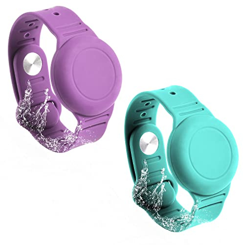 2st Barnarmband för AirTag, Vattentätt Silikon AirTag Armband för Barn Småbarn Fläder, Justerbart Klockband Anti Lost AirTag Fodral Hållare för att Dölja GPS-Spårare (Lila, Grön)