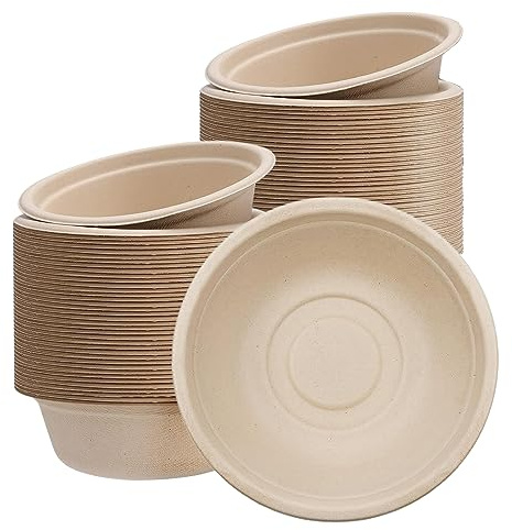 Pappersskålar engångs 480 ml bagasse-skålar miljövänliga, biologiskt nedbrytbara skålar, 100 st bruna festskålar sockerrörsskålar efterrättsskål komposterbara soppskålar serveringsskålar för varm/kall