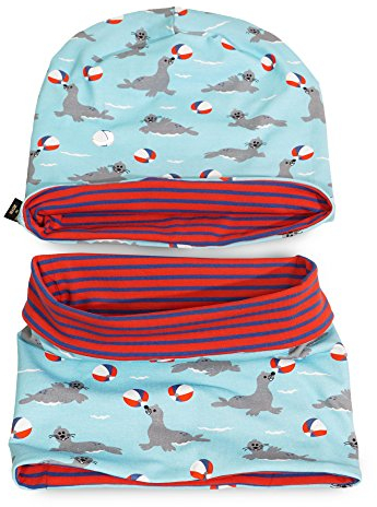 Britta Meier Set Beanie & Kurzloop-Schal Nähwerkstatt (Hellblau-Rot Robben)