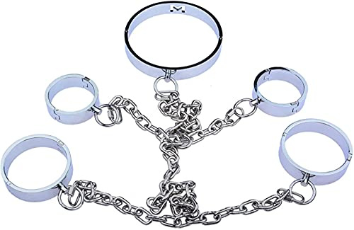 Edelstahl Metall Kragen Halsband Handschellen Fußfesseln BDSM Bondage Sets für Männer Frau paare Sklave Hals Fuß Hand Restraint Spiele Fesselset Erotik Fetisch Sex Spielzeug,Male,Silber