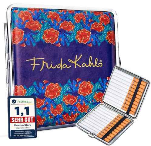 [ Test SEHR GUT, Note 1.1 *] Frida Kahlo Zigarettenetui – Metall & PU Leder – Etui für 20 Zigaretten – Robuste Zigarettenbox im Künstlerischen Design – Kompaktes Metall Etui für Damen & Herren