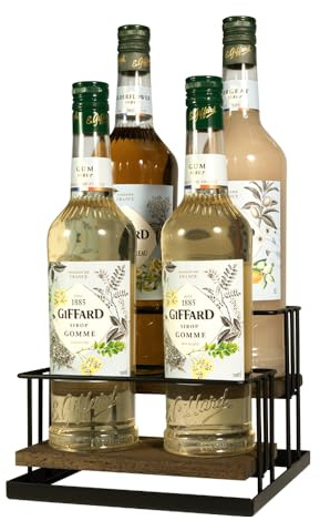 J JACKCUBE DESIGN Coffee Syrup Bottle Holder Rack, Rustic Wood and Black Metal Wire 2 Tier 4 Syrup, Wine, Dressing Bottle Countertop Display Storage Stand for Kitchen Coffee Bar- MK816E