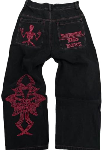 OATSBAS Baggy-jeans, Y2K-stil, säckiga jeans för kvinnor och män, denimbyxor, broderi med döskalle, jeans i gotisk stil, byxor med raka breda ben, Svart-röd, L