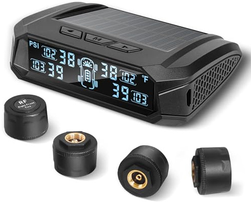 Masoll RV tire Pressure Monitoring System, Wireless TPMS Tire Pressure Monitor System with Solar Charger, RV TPMS with 4 tire Pressure Sensors & 6 Alarm Modes(0-87 PSI)