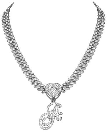 Flongo Damen Kette Silber Halskette: Iced out cuban link chain Kuban Plattenkette statement panzerkette modeschmuck Frauen choker hip hop schmuck ketten mit A Anhänger Geschenk für Herren Mädchen